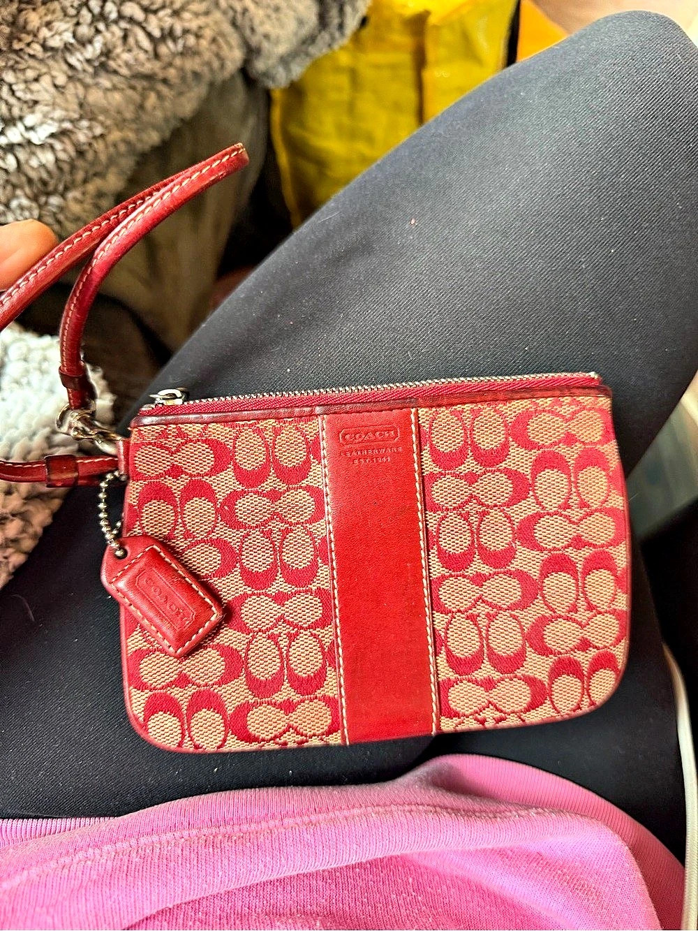 Coach Legacy Signature Stripe Wristlet Red & Pink